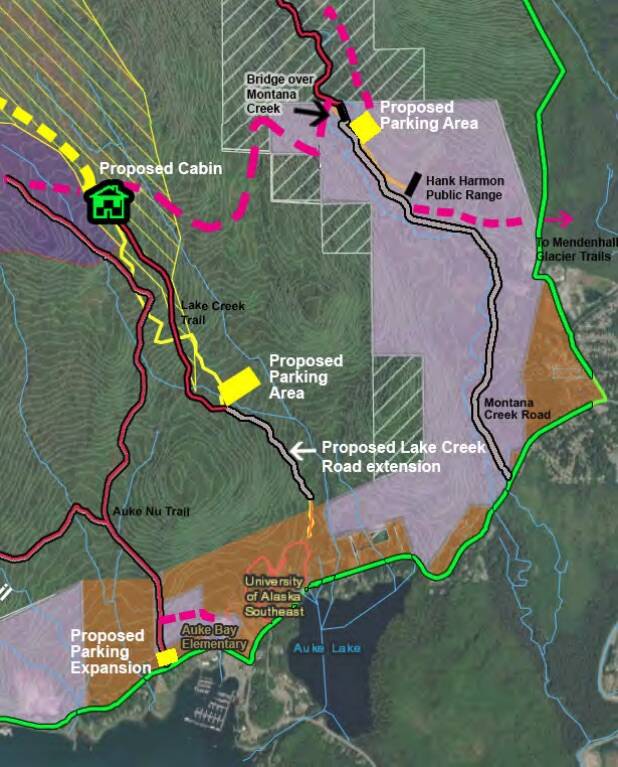 This image shows the plan currently released to the public and is open for comments until Sept. 10. It depicts a wide range of proposed projects including the construction of new public-use cabins, parking areas, improvements and the creation of hike/bike/ski trails and motorized/multi-use trails among other suggestions.(Courtesy / CBJ Parks and Recreation)