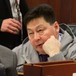 In this Jan. 17, 2017, photo state Rep. Dean Westlake, D-Kotzebue, talks with another legislator during a break in the opening session of the Alaska Legislature in Juneau, Alaska. The son of the former Alaska lawmaker faces charges of manslaughter and evidence tampering in death of his father, according to charging documents. Tallon Westlake was arrested over the weekend. An online court records system did not show an attorney Monday, Aug. 22, 2022 who could speak on his behalf. The charging documents are dated Sunday. (AP File Photo / Mark Thiessen)