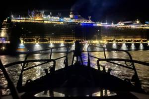 A Coast Guard boat crew helped medevac a patient experiencing a medical emergency from the Ovation of the Seas late Tuesday to medical personnel in Ketchikan. (Courtesy photo / USCG)