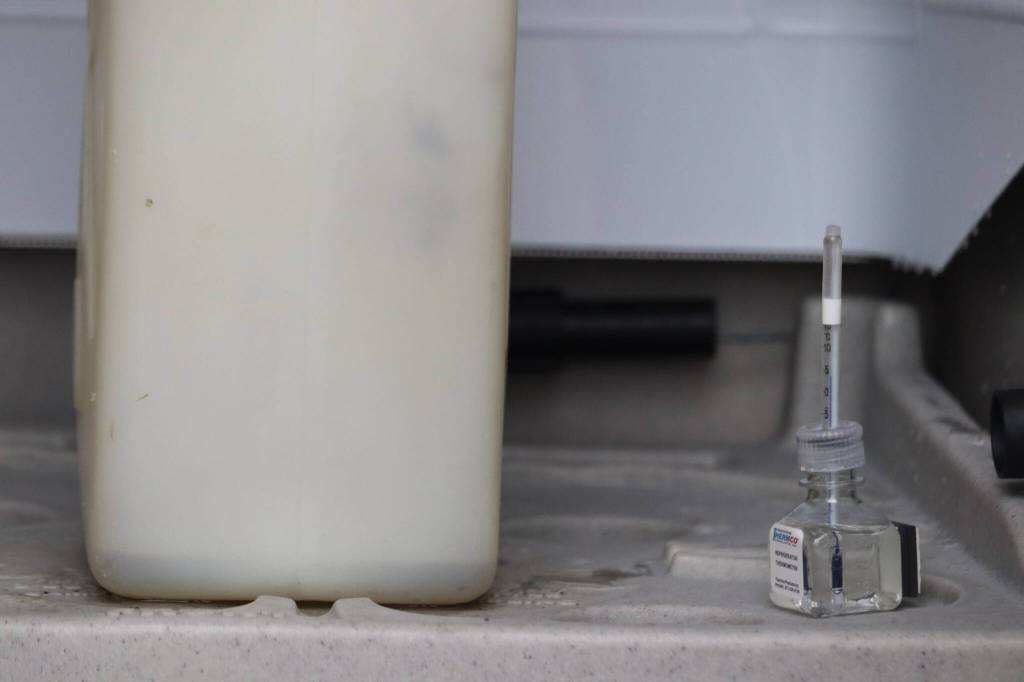 This photo shows an influent compositor located at the Mendenhall Wastewater Facility. The influent compositor is where an extra sample is taken out for Biobot to test for COVID-19 variants. (Jonson Kuhn / Juneau Empire)