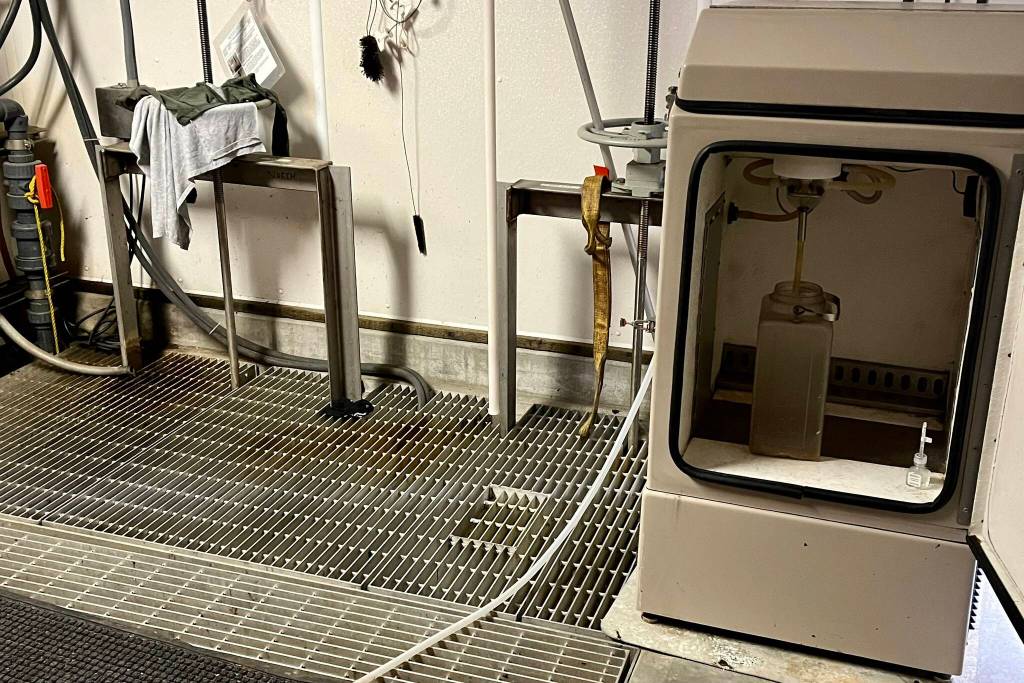 This photo shows an effluent compositor at the Mendenhall Wastewater Facility where the majority of the testing for things such as biochemical oxygen demand takes place, as well as monitoring PH levels for the states regulatory compliance. (Jonson Kuhn / Juneau Empire)