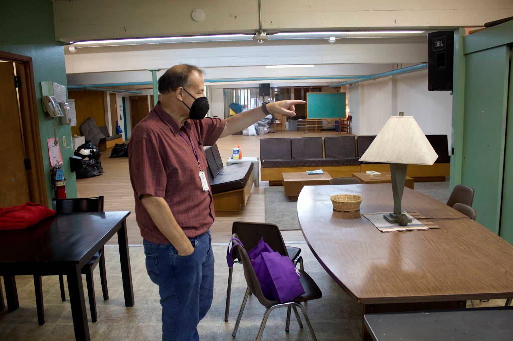 Bradley Perkins, co-pastor at Resurrection Lutheran Church, shows work being done on the warming shelter in the churchs basement as it prepares for its second year of operation next month. (Mark Sabbatini / Juneau Empire)