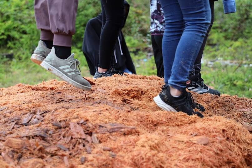 A student jumps on a pile of shredded cedar left over from the carving process of the dugout canoe. Wayne Price and the students spent more than a year carving a red cedar tree into a 30-feet-long dugout. (Clarise Larson / Juneau Empire)