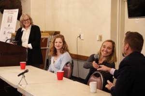 Clarise Larson / Juneau Empire
From left to right, Liz Perry, president and CEO of Travel Juneau; SouthEast Alaska Regional Health Consortium project manager Sierra Gadaire; High Cadence Triathlon team coach Jamie Bursell; and City and Borough of Juneau Finance Director Jeff Rogers met at Juneau Moose Family Center on Thursday afternoon to share a recap of the Ironman Alaska to a full crowd of members of the Greater Juneau Chamber of Commerce who joined in at the luncheon.