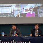 Republican Nick Begich, left, responds to a question at Thursdays candidate forum for Alaskas U.S. House candidates, hosted by Southeast Conference in Ketchikan. Republican Sarah Palin participated in the forum by teleconference. Southeast Conference Executive Director Robert Venables, right, acted as the moderator of the forum. Incumbent Democratic Rep. Mary Peltola was unable to participate in the forum but briefly provided an update to conference attendees remotely later in the day. (Sam Stockbridge / Ketchikan Daily News)