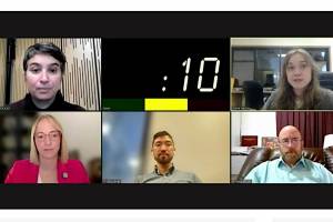 Jennifer Pemberton of KTOO and Clarise Larson of the Juneau Empire, at upper left and right respectively, moderate an online candidate forum Wednesday that featured unopposed Juneau Assembly candidates Carole Triem, Greg Smith and Wade Bryson. Juneau Board of Education candidates Emil Mackey and Deedie Sorensen, also unopposed in their races, participated in the second half of the hour-long event. (Screenshot)