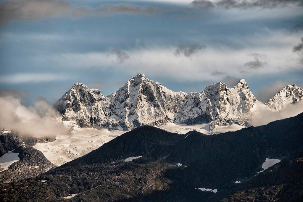 The Mendenhall Towers are topped with termination dust. (Courtesy Photo / Kenneth Gill, gillfoto)