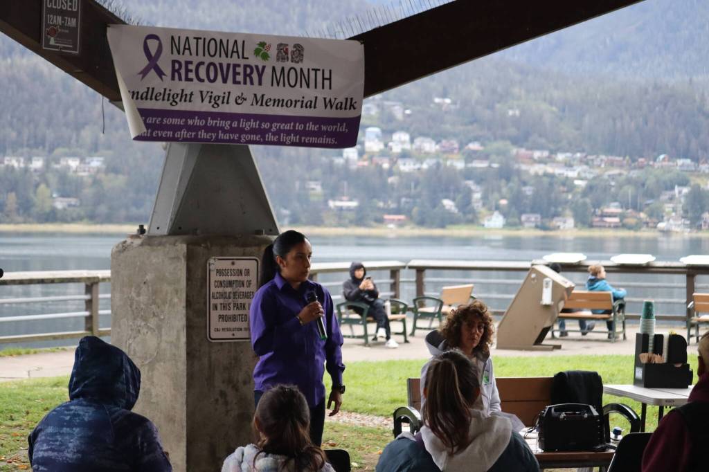 Tlingit and Haidas recovery coordinator Jaclyn Bacani hosted Saturday nights ceremony and introduced Amalia Monreal, also seen in this photo, who opened the vigil by leading the crowd in a prayer. (Jonson Kuhn / Juneau Empire)