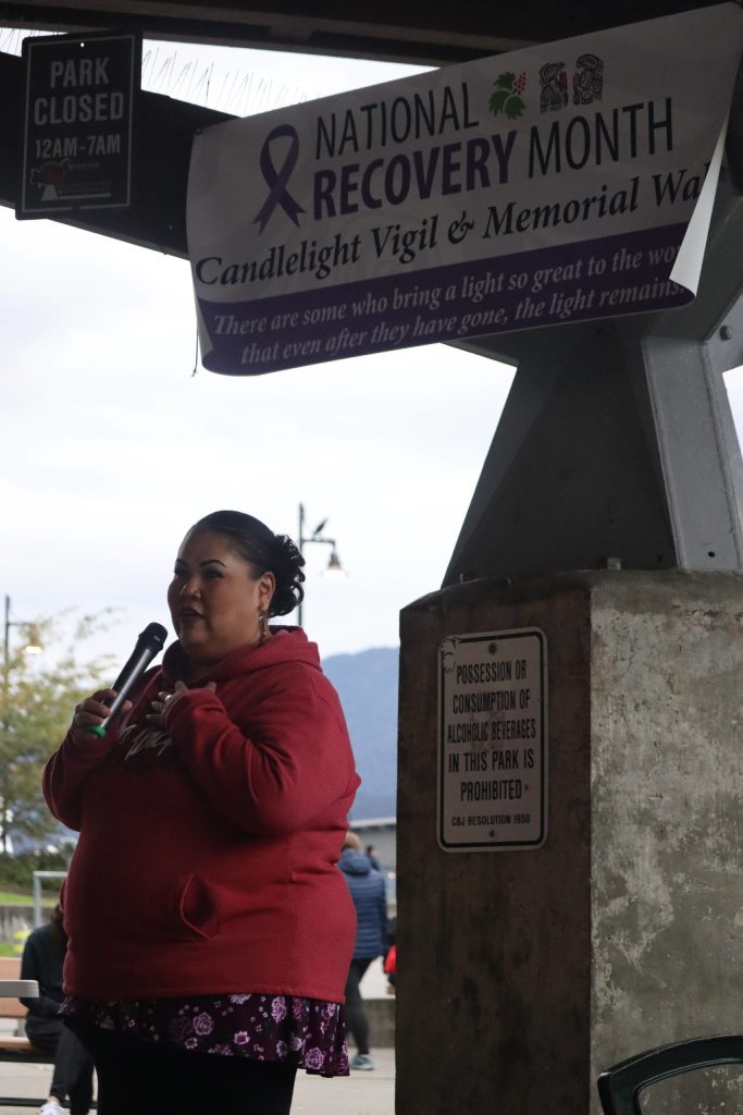 Jeni Brown with the Community Behavioral Services helped organize Saturdays candlelight vigil as well as spoke at the ceremony and shared her personal story of recovery. Brown said she celebrates over five years sober. (Jonson Kuhn / Juneau Empire)