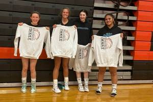 Senior Moana Tuviafale of Thunder Mountain High School (far right) was named to the all-tournament team at this years Spiktacular tournament this weekend at West Anchorage High School. From left to right, other players in photo are Hayden Inman of Chugiak High School, Liyah Pilgrim of Colony High School and Marija Wunnicke of South High School. (Courtesy Photo / Julie Herman)