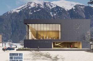 An artist depiction of a new city hall building at 450 Whittier St. in Juneau, which would cost an estimated $41 million with an underground parking garage, according to a presentation to Juneau Assembly members Monday. (Courtesy Image / North Wind Architects)