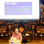 Mark Sabbatini / Juneau Empire 
Former Juneau Mayor Bruce Botelho displays a slide showing some of the arguments being made for voting in favor of a state constitutional convention in the November general election while explaining the reasons he opposes such a convention during a lecture Tuesday at the Walter Soboleff Building. He said voters have rejected a convention by large margins almost every time it has come up every ten years since statehood, but a current mood of higher political distrust in government nationwide means there appears to be a higher likelihood of passage this year.