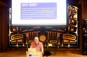 Mark Sabbatini / Juneau Empire 
Former Juneau Mayor Bruce Botelho displays a slide showing some of the arguments being made for voting in favor of a state constitutional convention in the November general election while explaining the reasons he opposes such a convention during a lecture Tuesday at the Walter Soboleff Building. He said voters have rejected a convention by large margins almost every time it has come up every ten years since statehood, but a current mood of higher political distrust in government nationwide means there appears to be a higher likelihood of passage this year.