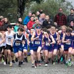 A total of 145 boys from 10 Southeast Alaska high schools dash out from the starting line at the Capital City Invite at A Káx Yaa Andagan Yé (Sandy Beach) on Saturday morning. The 5K race for boys’ and girls’ teams was the region’s largest cross-country race of the season, and final regular season competition before the regional championship in Sitka this weekend. (Mark Sabbatini / Juneau Empire)