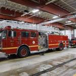 A firetruck sits in CCFR Station 1 where CCFR is staging residents who were asked to evacuate. (Clarise Larson / Juneau Empire)