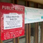 Mindy and Will Jones, who live near Resurrection Lutheran Church, talk to neighbor Elva Bontrager in their yard on Wednesday. The couple said they are sympathetic to disadvantaged residents staying at the churchs warming shelter during sub-freezing winter nights, but there have been incidents with people being loud and rowdy outside late at night. The church provided the warming shelter for the first time last winter and on Tuesday the city approved extending the number of days and hours the shelter can be open during the coming winter. (Mark Sabbatini / Juneau Empire)
Mark Sabbatini / Juneau Empire 
Signs on the lower-floor doors of Resurrection Lutheran Church announce the new times the warming shelter will be open during the coming winter. Notices about extending the opening period were sent to neighboring homes and businesses before the change was approved Tuesday, but only two letters in favor of the longer opening period were received.
