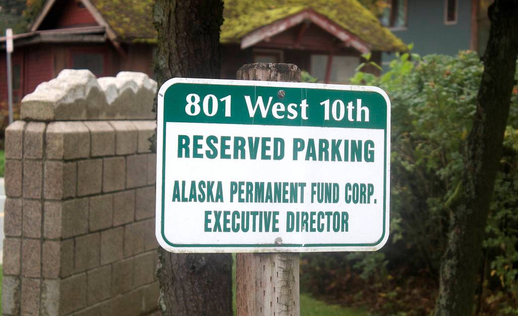 A parking sign awaits the new executive director of the Alaska Permanent Fund at its Juneau headquarters, Three finalists will be interviewed for the job during a public meeting Monday by the funds board of trustees, who are expected to deliberate and announce the new director immediately afterward. (Mark Sabbatini / Juneau Empire)