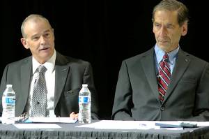 Screenshot / Alaska Public Medias YouTube channel 
Bob Bird, left, chairman of the Alaskan Independence Party, and former Lt. Gov. Loren Leman make the case in favor of a state constitutional convention during a debate in Anchorage broadcast Thursday by Alaska Public Media.