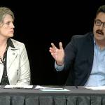 Joelle Hall, left, president of the Alaska AFL-CIO, listens to Matt Shuckerow, a spokesperson for a group opposed to a state constitutional convention, argue his case during Thursday night’s debate. (Screenshot from Alaska Public Media’s YouTube channel)