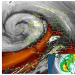 The storm named Merbok as it encountered the western Alaska coast on Sept. 17, 2022, compared to Hurricane Ian as it bore down on Florida on Sept. 28, 2022. Both states are sized to scale. (National Weather Service)