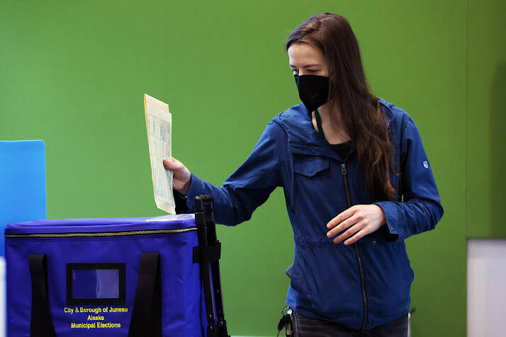 Ben Hohenstatt/ Juneau Empire 
Robin Welling casts her ballot Tuesday morning at the Mendenhall Valley Public Library. Welling recently moved to Juneau from Sitka and said it was her first time voting in a Juneau municipal election.