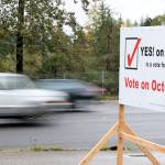 Cars drive past a sign encouraging voters to support Proposition 4, which would repeal a local ordinance requiring the disclosure of the sales price of real property. The proposition was heavily supported by local Realtors. (Ben Hohenstatt / Juneau Empire File)