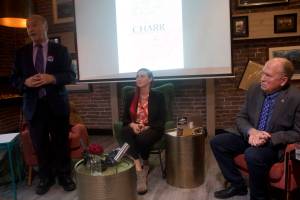 Democratic gubernatorial candidate Les Gara, left, discusses hospitality industry issues during a forum Wednesday with independent candidate Bill Walker, right, at Louies Douglas Inn. The forum was hosted by the Alaska Cabaret, Hotel, Restaurant and Retailers Association, with the organizations president and CEO Sarah Oates acting as the moderator. (Mark Sabbatini / Juneau Empire)