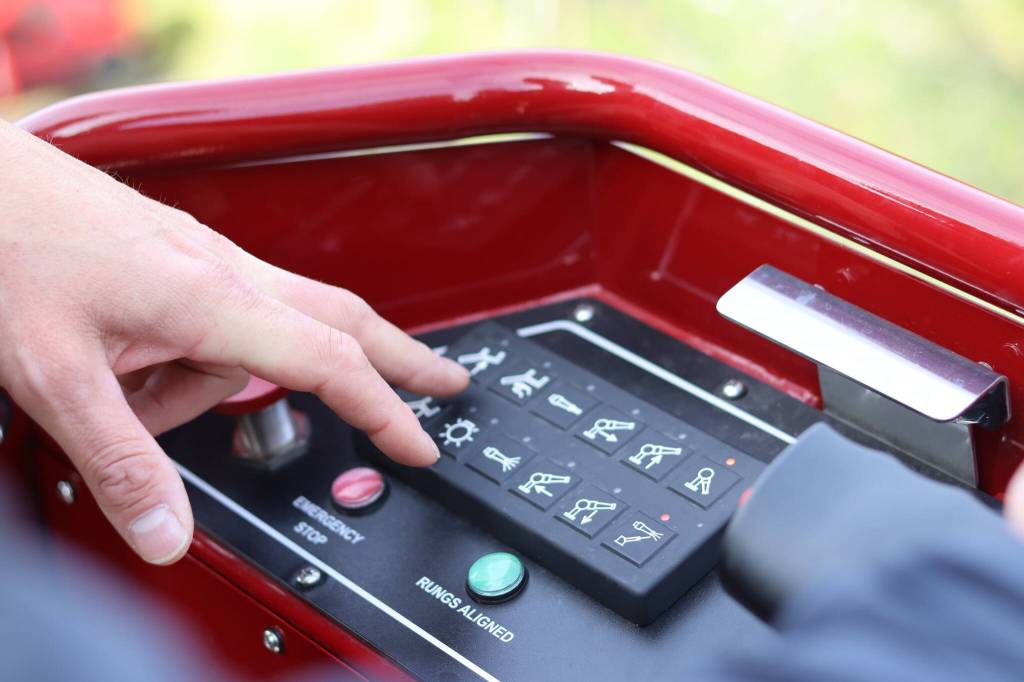Jonson Kuhn / Juneau Empire 
This photo shows the control panel from inside the ladders basket. CCFRs new truck ladder has an extension of 110 feet and the basket can hold up to 750 pounds. The department has said that the new vehicle puts them at an advantage for more high rise situations whereas their current fire engines are better suited for other emergencies.