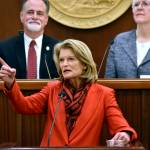 U.S. Sen. Lisa Murkowski, R-Alaska, gives her annual address to the Alaska State Legislature Tuesday, Feb. 22, 2022, at the Capitol building in Juneau.  (Peter Segall / Juneau Empire)
