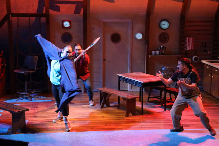 Where the Summit Meets the Stars opens with a traditional Tlingit dance and music that accompanied it. Throughout the Wednesday night performance, the audience followed the main character Rose (Xáalnook Erin Tripp) as she wakes up from a flight gone wrong on a mysterious boat with a familiar stranger who pulled her from what was almost certain death. As they ride through the darkness and fog of the open ocean waters, she unknowingly walks the line between her reality and the generation before her that runs parallel to ancient Tlingit stories. (Clarise Larson / Juneau Empire)