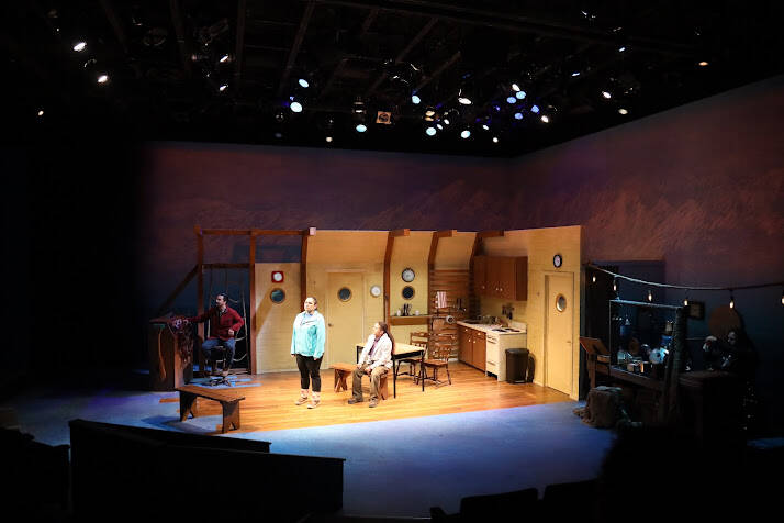 From left to right, actors Jake Waid (John), Xáalnook Erin Tripp (Rose) and Kenny Ramos (Anthony) share the stage during the Wednesday night rehearsal performance of Where the Summit Meets the Stars. Written in just five days back in 2017, Katasse described the play as a contemporary Indigenous piece that brings the audience along a Tlingit womans journey in 2015 Juneau as she navigates through the peaks and unknowns of the intergenerational trauma that haunts her life and the generations before her. (Clarise Larson / Juneau Empire)
