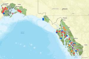 A map shows more than 50 proposed cabin projects in the Tongass and Chugach National Forests the U.S. Forest Service is considering using $14.4 million in federal funds. About half of the projects are expected to be approved, with the public able to comment online about their preferences until Oct. 31. (U.S. Forest Service)