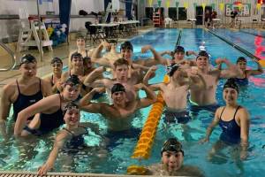 Thunder Mountain High School swim team featured in the is photo at their first meet of the season at the beginning of September in Craig. (Courtesy Photo / Josiah Loseby)