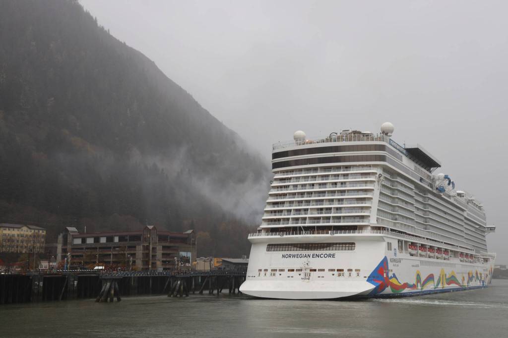 The final cruise ship, Norwegian Cruise Lines Norwegian Encore, sailed out of Juneau Tuesday night marking the end of another tourism season that, according to officials, brought near pre-pandemic numbers of visitors to the capital city. (Clarise Larson / Juneau Empire)