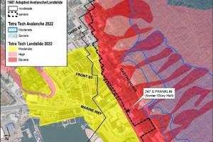 A map shows the former downtown shelter operated by The Glory Hall is in a high-risk landslide/avalanche zone, according to an analysis updated this year. The building on South Franklin Street is located almost directly below homes on Gastineau Street that were damaged or destroyed by a landslide during a heavy rainstorm at the end of September. (Juneau Community Development Department)