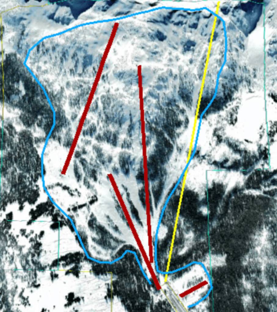 This image shows where pulse gondola will be positioned relative to the ski area boundary. The existing lifts are shown in the color red, the gondola in yellow and the current ski area boundary in blue. (Courtesy Photo / Eaglecrest Ski Area)