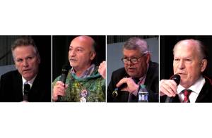 This combination image consisting of screenshots from the AFN convention livestream shows the four gubernatorial candidates who will appear on statewide ballots, Republican Gov. Mike Dunleavy, Democratic former state Rep. Les Gara, Republican former Kenai Peninsula Borough Mayor Charlie Pierce and independent former Gov. Bill Walker. (Screenshots)