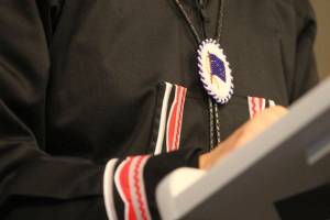 The bolo tied owned and often worn by the late U.S. Rep. Don Young is shown around the neck of U.S. Rep. Mary Peltola during the Alaska Federation of Natives Convention in Anchorage this week. Peltola, who won a special election to fill the rest of Youngs term, and three challengers participated in an AFN debate Saturday as they seek a full two-year term in the election a little more than two weeks from now. (AP Photo/Mark Thiessen)