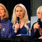 U.S. Sen. Lisa Murkowski, left, Republican challenger Kelly Tshibaka, center, and Democratic challenger Pat Chesbro discuss Arctic security, climate change and other issues during a debate Saturday at the Alaska Federation of Natives convention at the Denaina Center in Anchorage. (AP Photos/Mark Thiessen)
