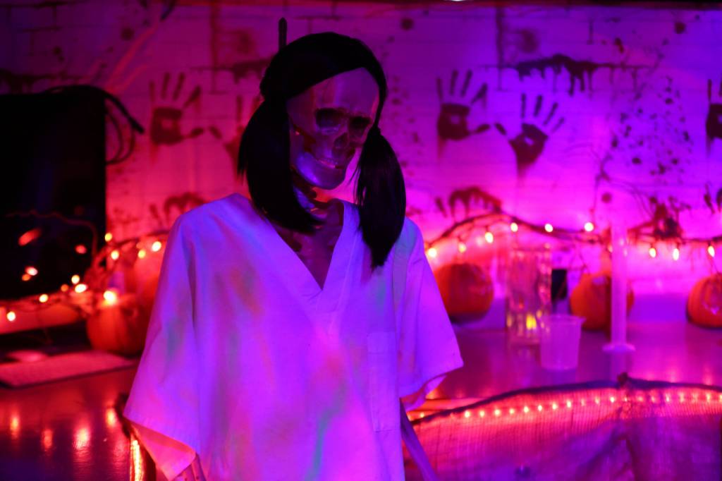 Jonson Kuhn / Juneau Empire
A skeleton nurse in pigtails is just one of many attractions inside of Earls Haunted Garage. Attendees are walked through several rooms, all with different themes and all with different screams.