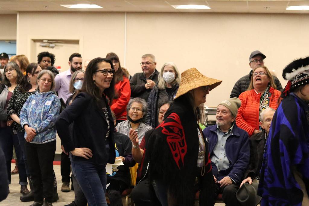 U.S. Rep. Mary Peltola performs an entrance dance with other Alaska Natives at the start of a reelection campaign event at Elizabeth Peratrovich Hall on Monday. The event came two after the Alaska Federation of Natives convention in Anchorage, where she received a heros welcome by attendees and the support of longtime Republican U.S. Sen. Lisa Murkowski. (Mark Sabbatini / Juneau Empire)