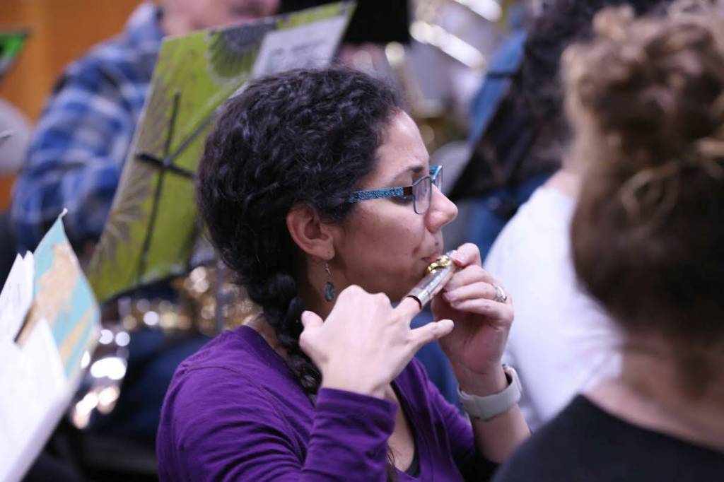 Elizabeth Salazar simulates the foreboding whistling sound of a descending bomb. (Ben Hohenstatt / Juneau Empire)