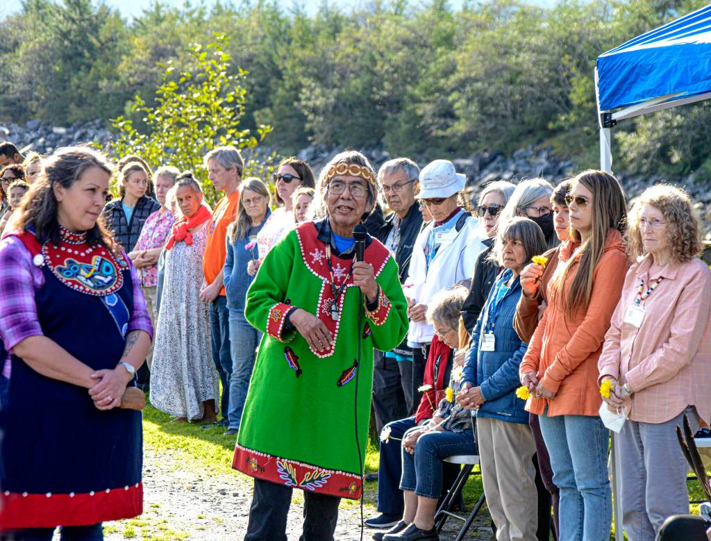 Meda DeWitt and Bob Sam served to facilitate the healing ceremony held on Saturday, September 10, at Shoemaker Bay, opposite the remains of the Wrangell Institute, a boarding school for Alaska Natives. (Peter Metcalfe / Sharing Our Knowledge Conference)