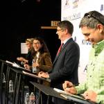 From left, onstage on Wednesday in Anchorage for a debate in Alaskas U.S. House race: former Gov. Sarah Palin, Rep. Mary Peltola, Nick Begich III and Chris Bye. (Mark Thiessen / Associated Press)