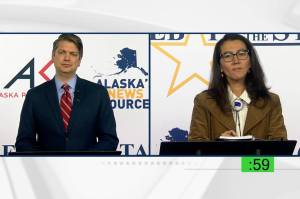 Screenshot 
Republican Nick Begich, left, challenges Democratic U.S. Rep. Mary Peltola about her retaining much of former Rep. Don Youngs staff during a statewide televised debate Wednesday.