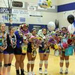 Ben Hohenstatt / Juneau Empire 
Thunder Mountain High School seniors smile on the volleyball teams senior night. Seniors recognized included Kaelin Tibbles, Mallory Welling, Samantha Mead, Tahila Kuma, Kiana Allen, Talita Toutaiolepo, Moana Tuvaifale, Mercedes Cordero and Elise Duran.