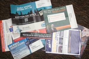 Mark Sabbatini / Juneau Empire 
A variety of fliers with varying amounts of accuracy from candidates and groups are filling mailboxes leading up to the Nov. 8 general election. TV and other ads also range from pure nonsense to completely accurate, although many fall into the true from a certain point of view category.