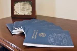 Copies of the Alaska State Constitution were available outside the Lt. Governors office on Monday, Dec. 13, 2021. (Peter Segall / Juneau Empire)