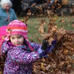 KinderReady Preschool student Isla Taintor throws leaves in the air on a cold Tuesday morning. She and her KinderReady Preschool class from Harborview Elementary joined in on the fun at the annual student leaf jump event organized by retired teacher Linda Torgerson. (Clarise Larson / Juneau Empire)