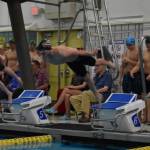 JDHS senior and team captain Chaz VanSlyke starting off of the blocks at the state championship tournament in Anchorage at Bartlett High School on Saturday, Nov. 5. (Courtesy Photo / Kate Schwarting)